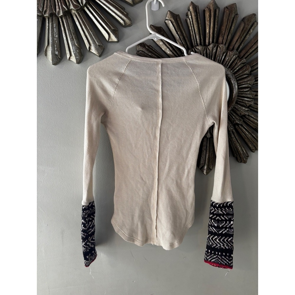 Free People Cream Waffle Knit Henley Thermal Top Fair Isle Cuffs XS - Picture 5 of 6